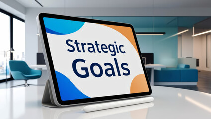 Fototapeta premium tablet displaying text Strategic Goals in modern office setting