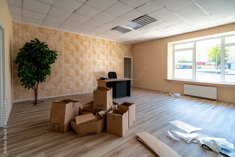 Poster empty office with abandoned desk and half-filled moving boxes, capturing the end of a business journ