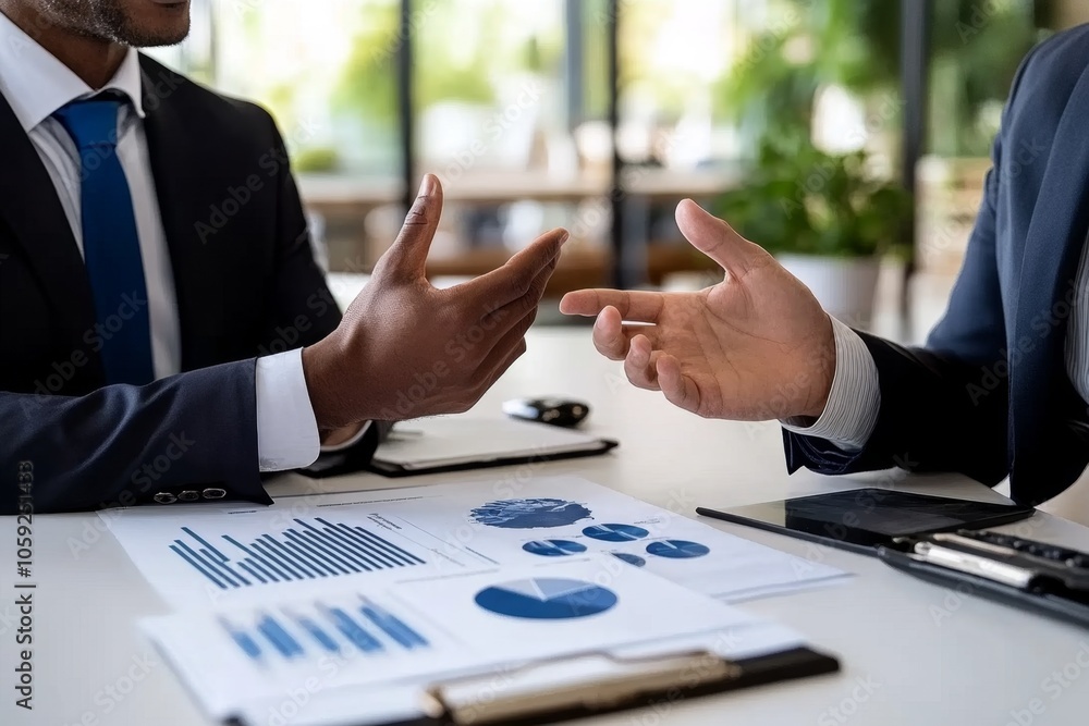 Aufkleber financial advisor explaining bond benefits with a structured document in a modern office, symbolizin
