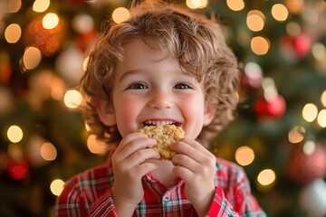 Naklejka premium A young boy in a plaid Christmas shirt, happily eating a cookie in front of a brightly lit Christmas tree 2