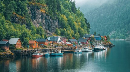 Fototapeta premium Fjord Landscape with Forested Cliffs and Village by the Water