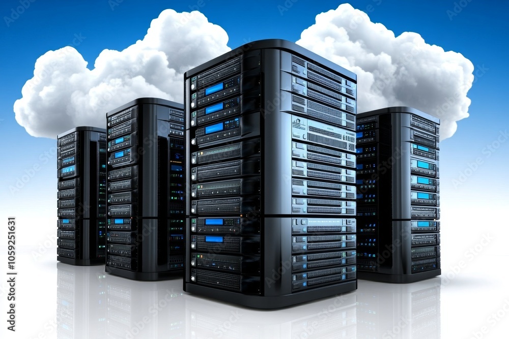 Poster flat 2d depiction of server racks and layered storage icons, symbolizing the scalable, organized nat