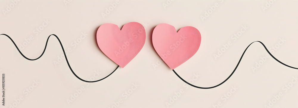 Poster vector flat style, simple minimalistic line art of two pink paper hearts connected by one black thin