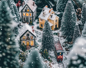 Naklejka premium Overhead view of a Christmas village display with miniature houses 