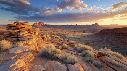 Rocky Desert with Stone Arch and Sunset Shadows