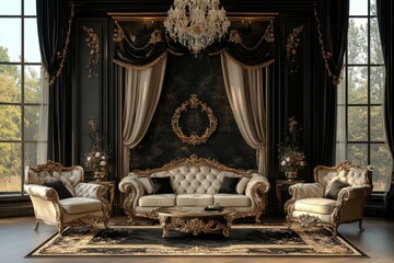 Fototapeta premium Luxury Living Room Interior Design with Black and Gold Furniture and Chandelier