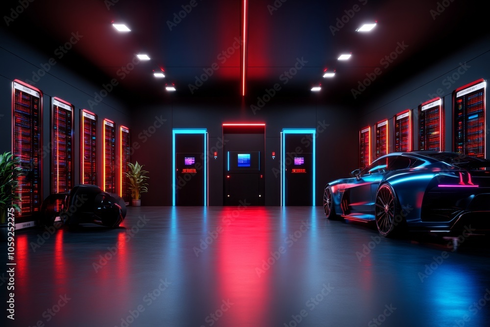 Poster high-tech, neon-lit server room with digital data layers and holographic displays, symbolizing the s