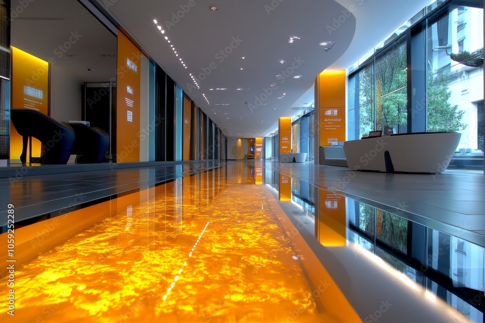 Poster high-tech office with financial decline charts and a reflective digital screen, capturing the clarit