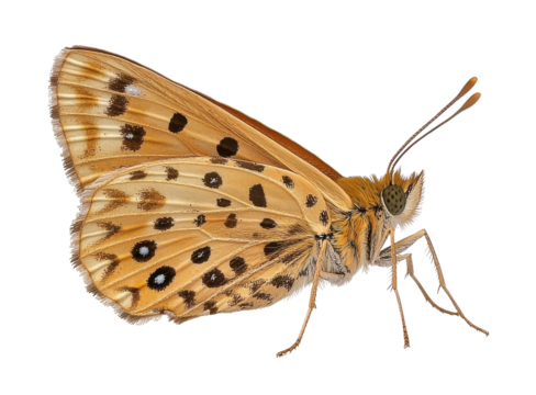 Butterfly with orange and black patterns.