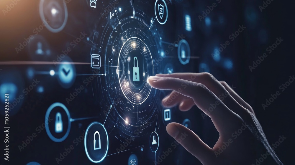 Poster a hand pointing to a padlock icon in the center of a futuristic holographic interface, with various 