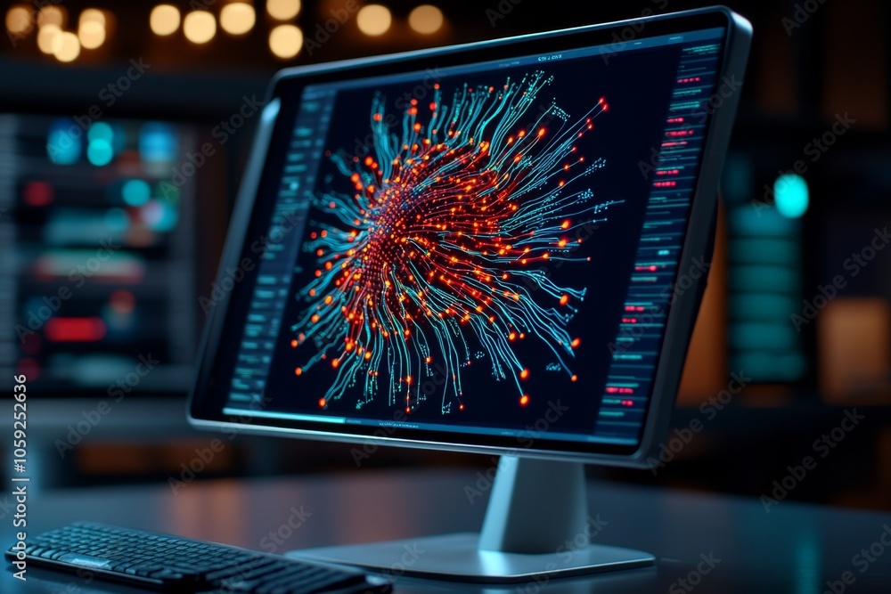 Poster Large monitor displaying a complex web of data points, with connections highlighted in vivid colors, capturing the depth of pattern recognition in data mining, symbolizing complexity and insight