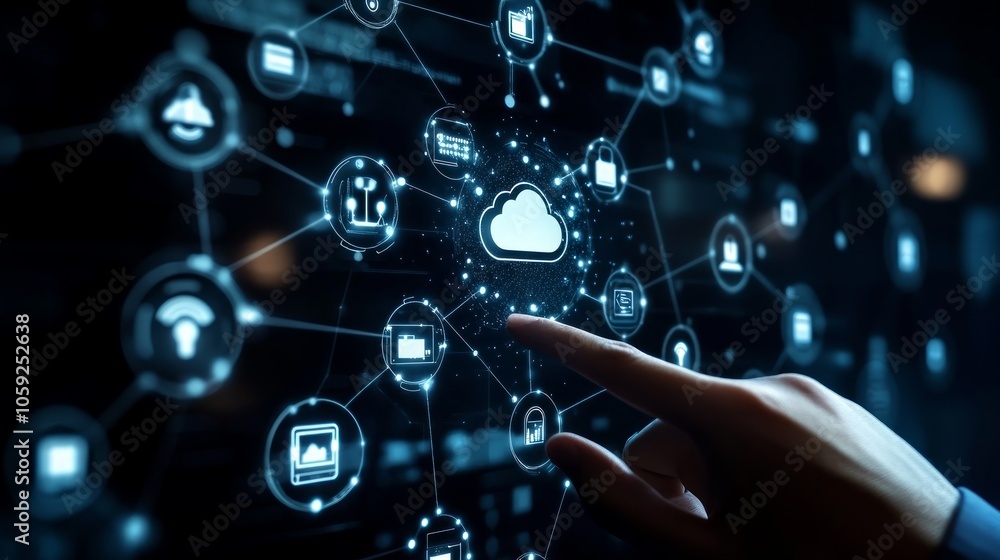 Poster a hand points to a cloud computing icon in a network of connected devices, representing the intercon
