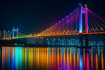 Obraz premium Colorful neon city lights illuminating a bridge over the river at night. Generative AI
