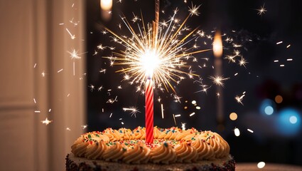 A sparkler lit on a birthday cake, surrounded by festive decorations, adding sparkle and excitement to the celebration.