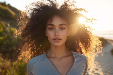 A young Australian woman with natural curls, wearing a sports outfit, running along a coastal path, early morning light 2