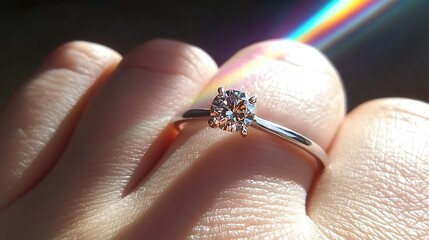 Obraz premium Sparkling Diamond Ring on Finger with Rainbow Light