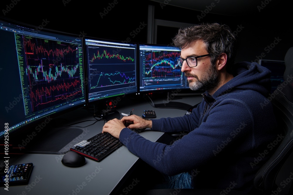 Poster Person analyzing large datasets on a dual-screen setup, with detailed graphs and patterns in colorful visuals, capturing the visual side of data mining, symbolizing clarity and analytics