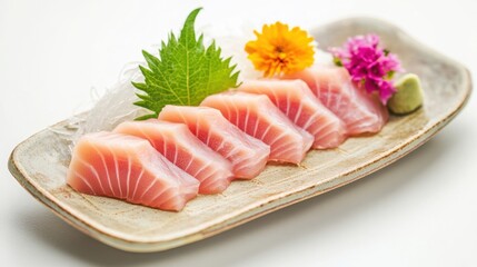 A delicate sashimi display with thinly sliced fish, arranged with edible flowers on a minimalist plate