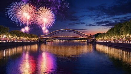 Naklejka premium Spectacular fireworks over a lit bridge reflected in calm river waters at night, celebrating a festive occasion in a cityscape setting.