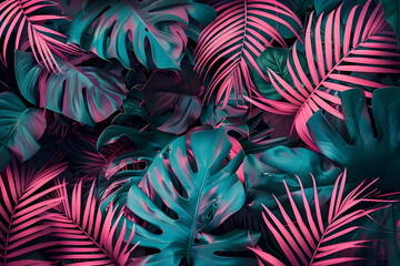 Naklejka premium A neon pink and teal jungle scene with exotic plants, palm leaves, monstera, ferns, exotic flowers, bold colors, high contrast, low lighting, shadows, darkness