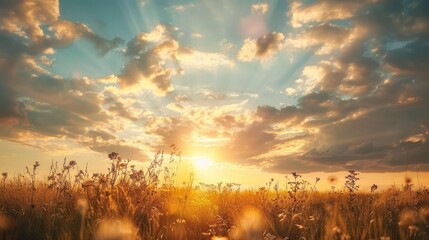 Naklejka premium Sunset over summer field with cloudy sky.