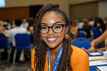 Realistic image of a conference attendee badge with name and organization, capturing the clarity and formality needed for event identification, symbolizing professionalism and networking