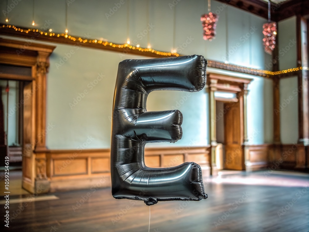 Poster black 3d e font balloon in a modern setting for creative projects and branding use