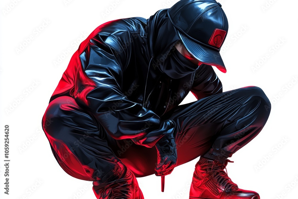 Poster Simple 2D drawing of an assassin crouched in shadows, capturing the quiet, focused stance in a clean, minimalist style on white, symbolizing suspense and clarity