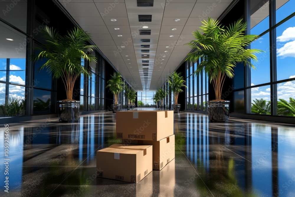 Poster simple 2d drawing of an empty office with packed boxes, symbolizing the quiet end of business operat