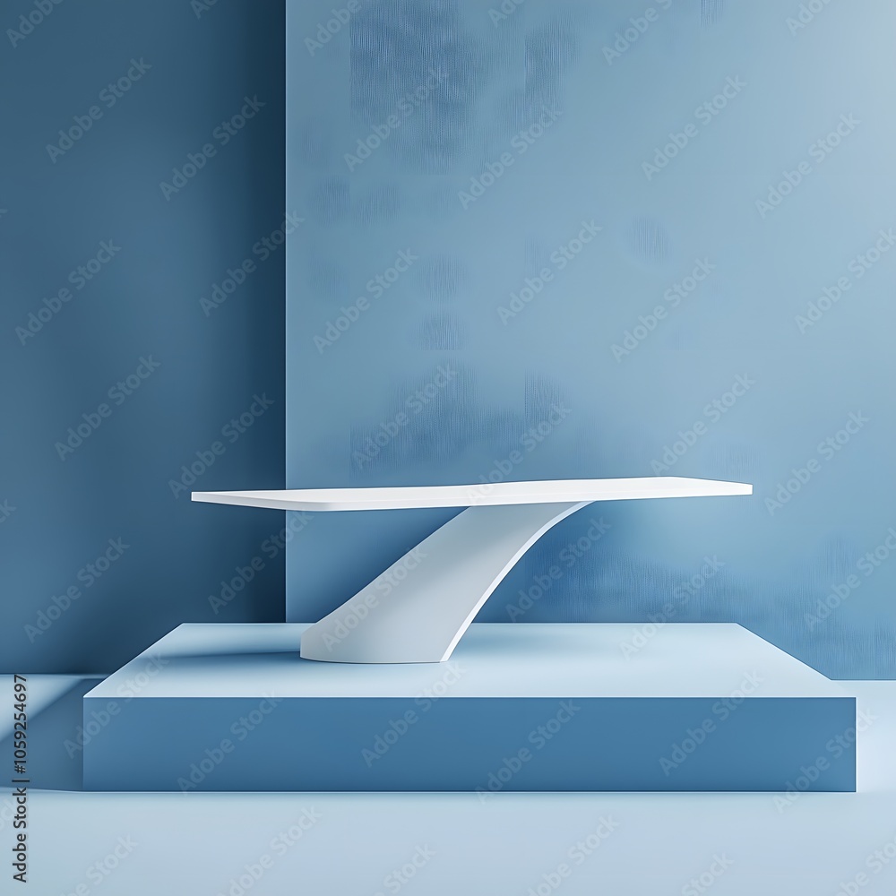 Poster a 3d podium white rectangular table is balanced on the edge of an angled blue platform, in a minimal