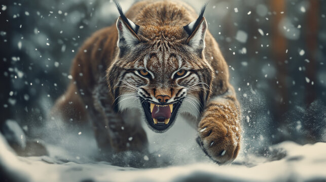 The lynx, with a fierce growl, attacked at a steep angle.