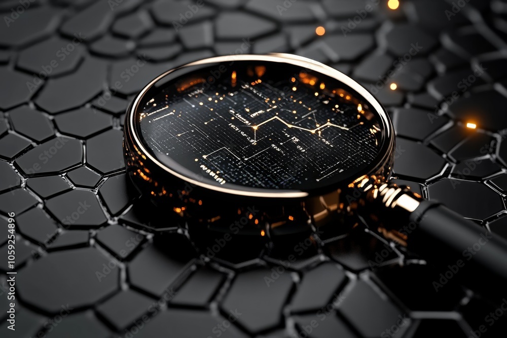 Poster simple outline of a magnifying glass over data points, capturing the careful search for insights in 