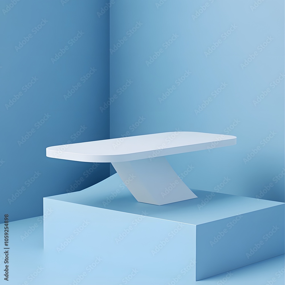 Aufkleber a 3d podium white rectangular table is balanced on the edge of an angled blue platform, in a minimal