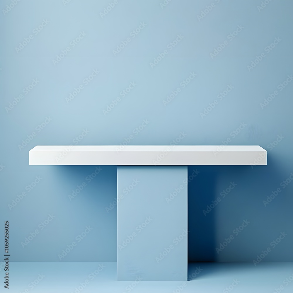Poster a 3d podium white rectangular table is balanced on the edge of an angled blue platform, in a minimal