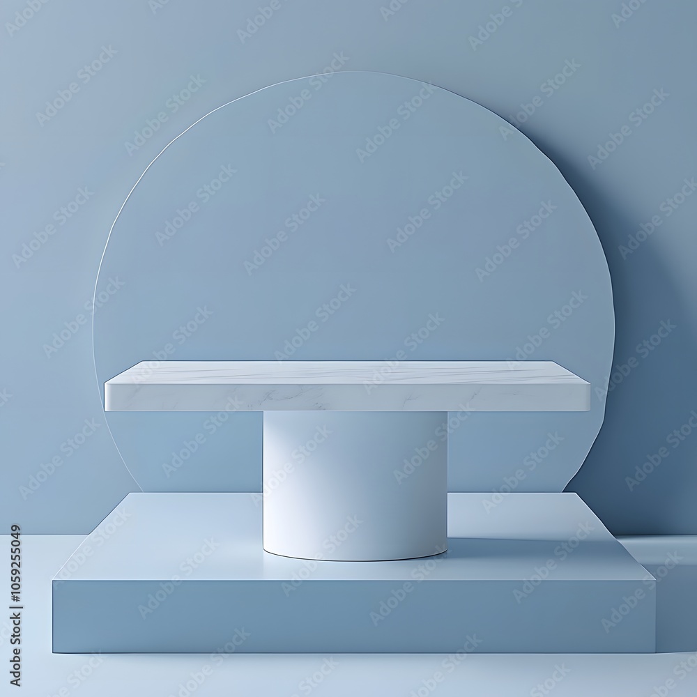 Aufkleber a 3d podium white rectangular table is balanced on the edge of an angled blue platform, in a minimal