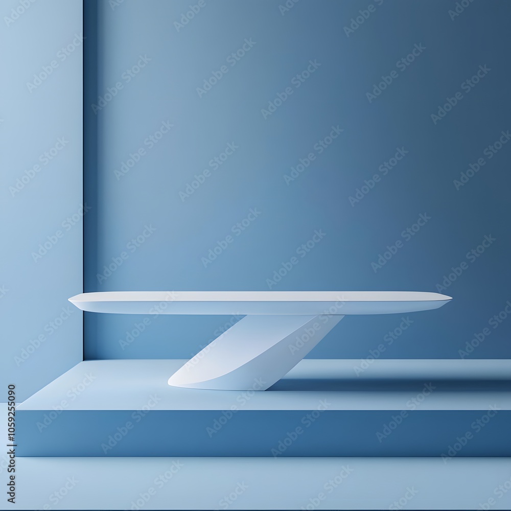 Poster a 3d podium white rectangular table is balanced on the edge of an angled blue platform, in a minimal