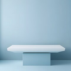 A 3D podium white rectangular table is balanced on the edge of an angled blue platform, in a minimalist style, with a solid color background, studio lighting, soft light, delicate texture, high satura