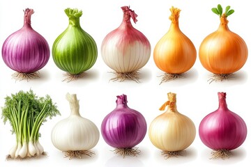 A Collection of Fresh Onion Varieties: Red, Yellow, White, and Green