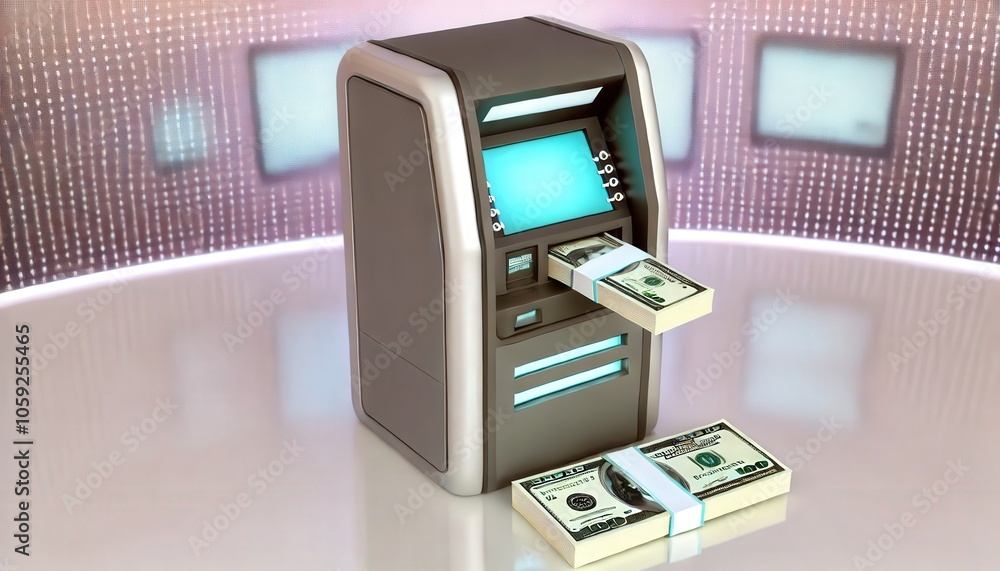 Poster exploring the functionality and design of modern automated teller machines for cash withdrawal