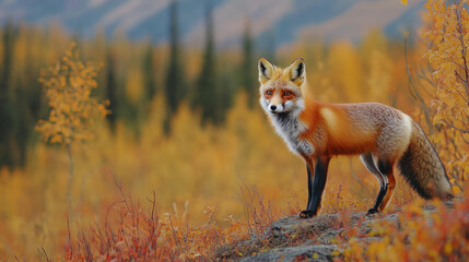 Obraz premium A red fox stands in the fall landscape of the Yukon Territory, Canada.