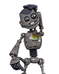 rusty cartoon robot is thinking about in white background
