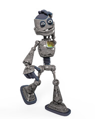 rusty cartoon robot is walking and also thinking about in white background