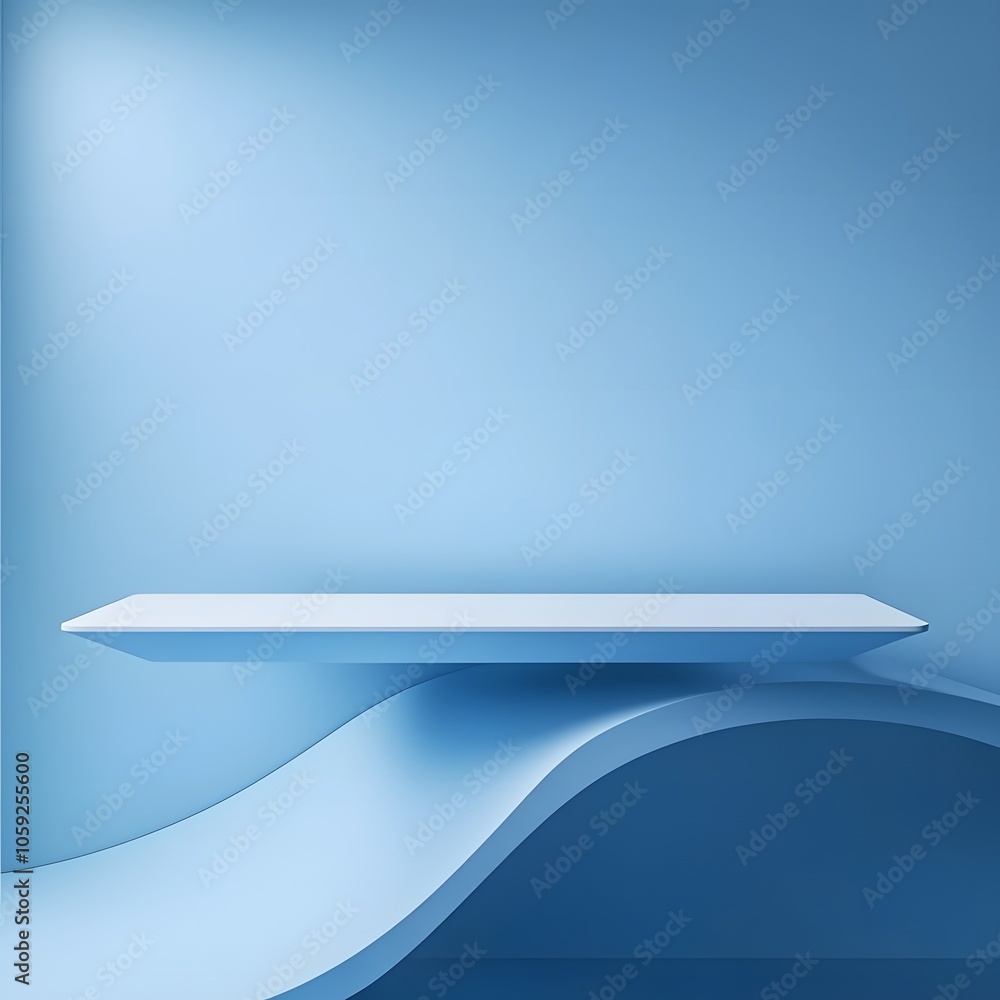 Poster a 3d podium white rectangular table is balanced on the edge of an angled blue platform, in a minimal