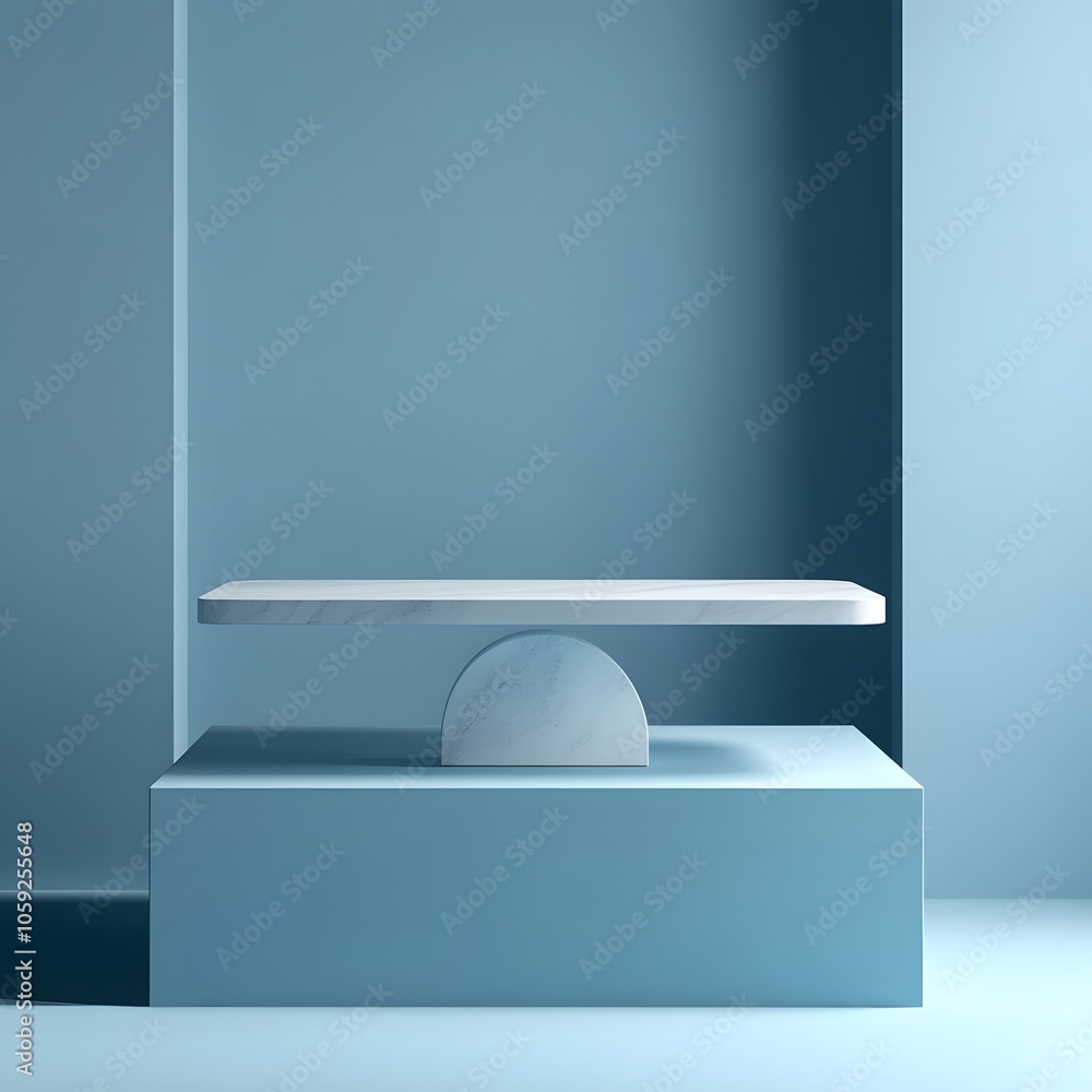 Poster a 3d podium white rectangular table is balanced on the edge of an angled blue platform, in a minimal