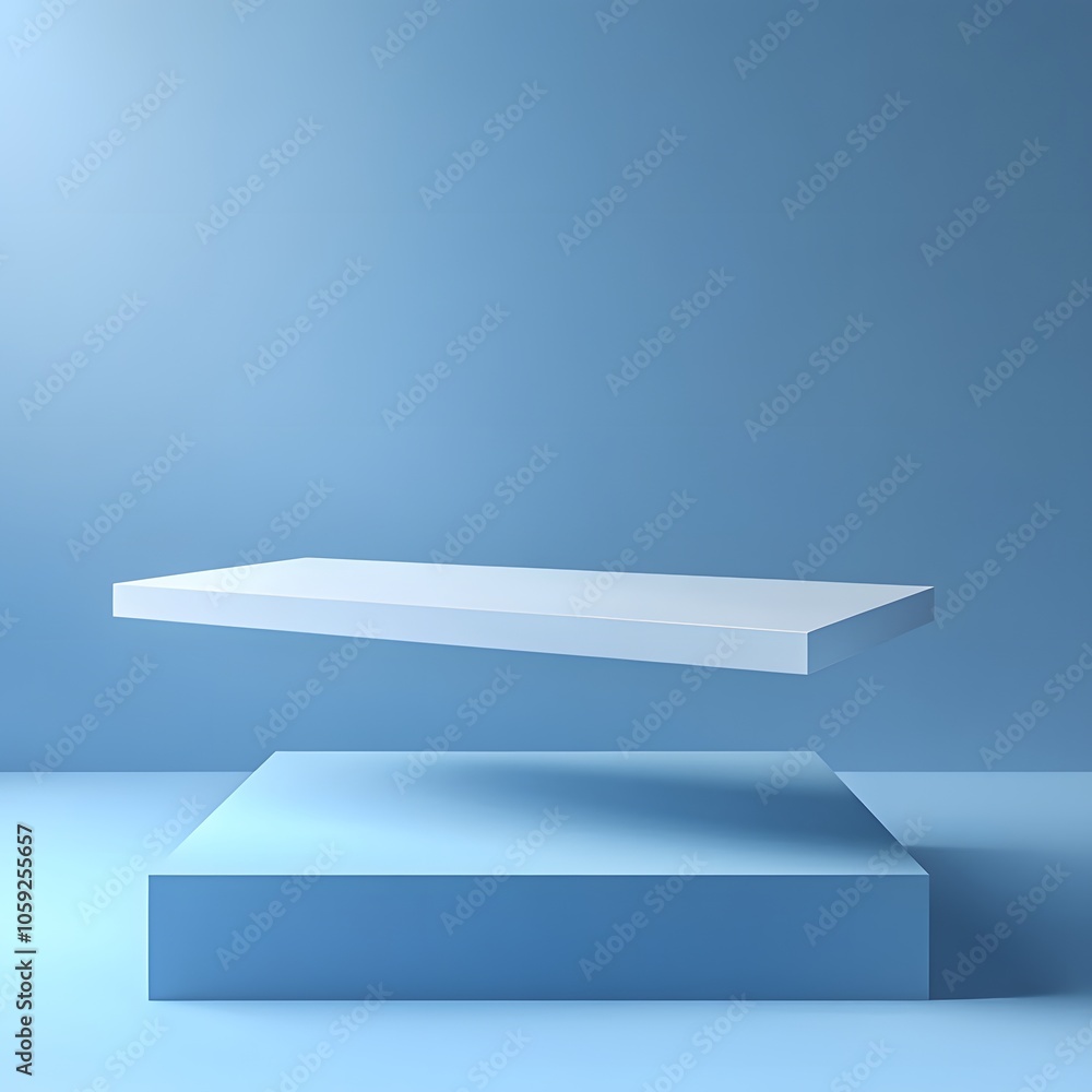 Poster a 3d podium white rectangular table is balanced on the edge of an angled blue platform, in a minimal