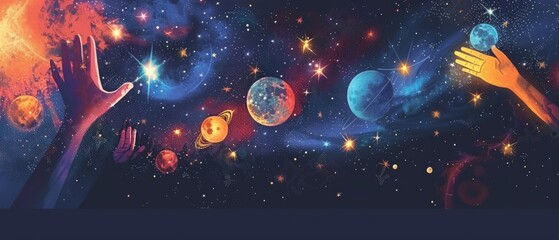 Artistic space scene depicting Milky Way, shooting stars, planets. Hands reach towards planets,...