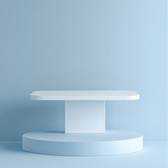 A 3D podium white rectangular table is balanced on the edge of an angled blue platform, in a minimalist style, with a solid color background, studio lighting, soft light, delicate texture, high satura