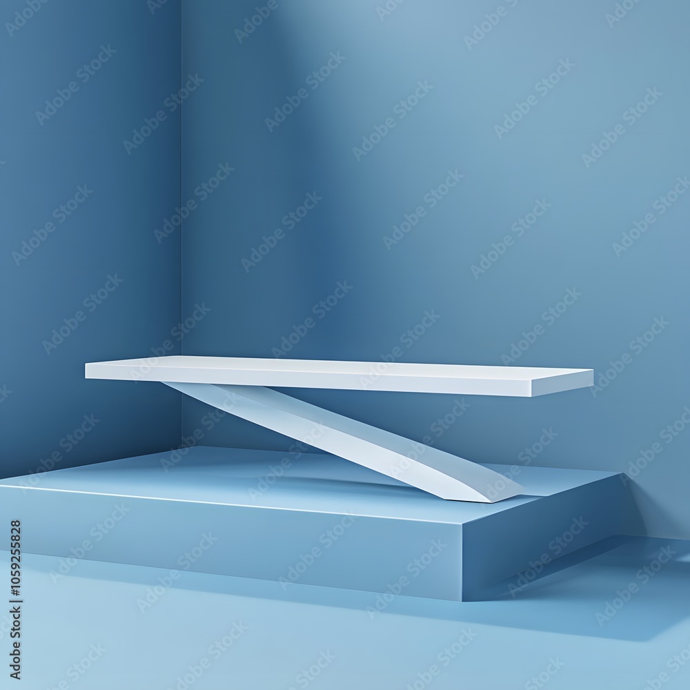 Poster a 3d podium white rectangular table is balanced on the edge of an angled blue platform, in a minimal
