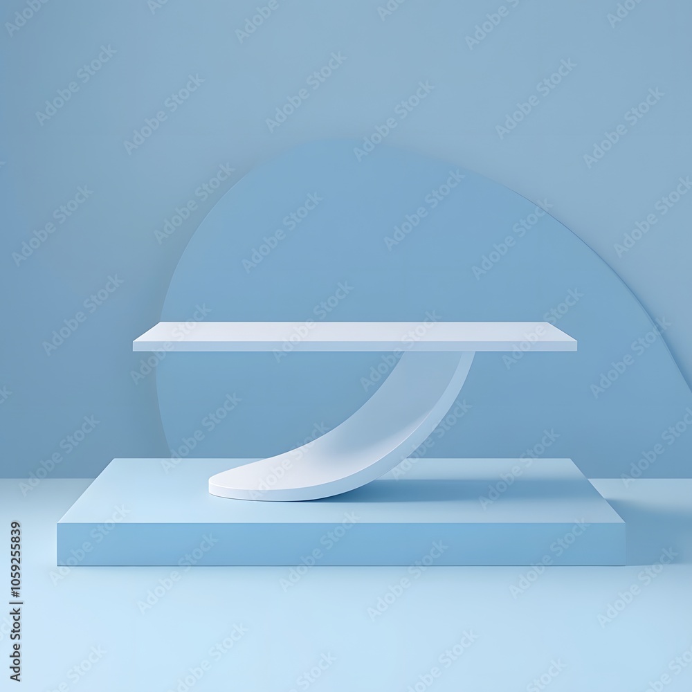 Poster a 3d podium white rectangular table is balanced on the edge of an angled blue platform, in a minimal