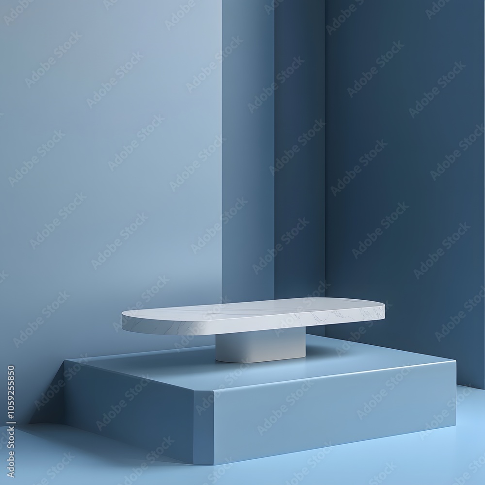 Poster a 3d podium white rectangular table is balanced on the edge of an angled blue platform, in a minimal